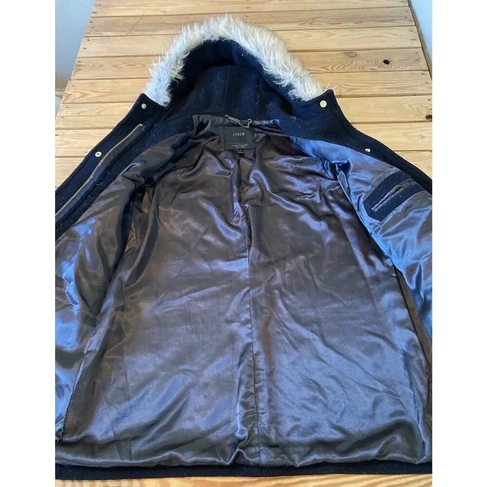 J Crew Hooded Stadium Cloth Nellogori Wool Coat Size 6 Women’s Black Full Zip - Picture 3 of 9
